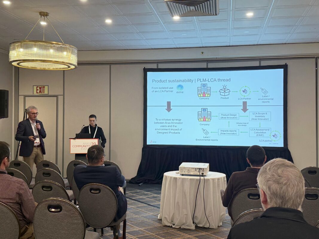 Presentation in progress at ACE2025 featuring INENSIA and Mersen, highlighting end-to-end PLM strategies with Aras Innovator in front of an engaged audience.