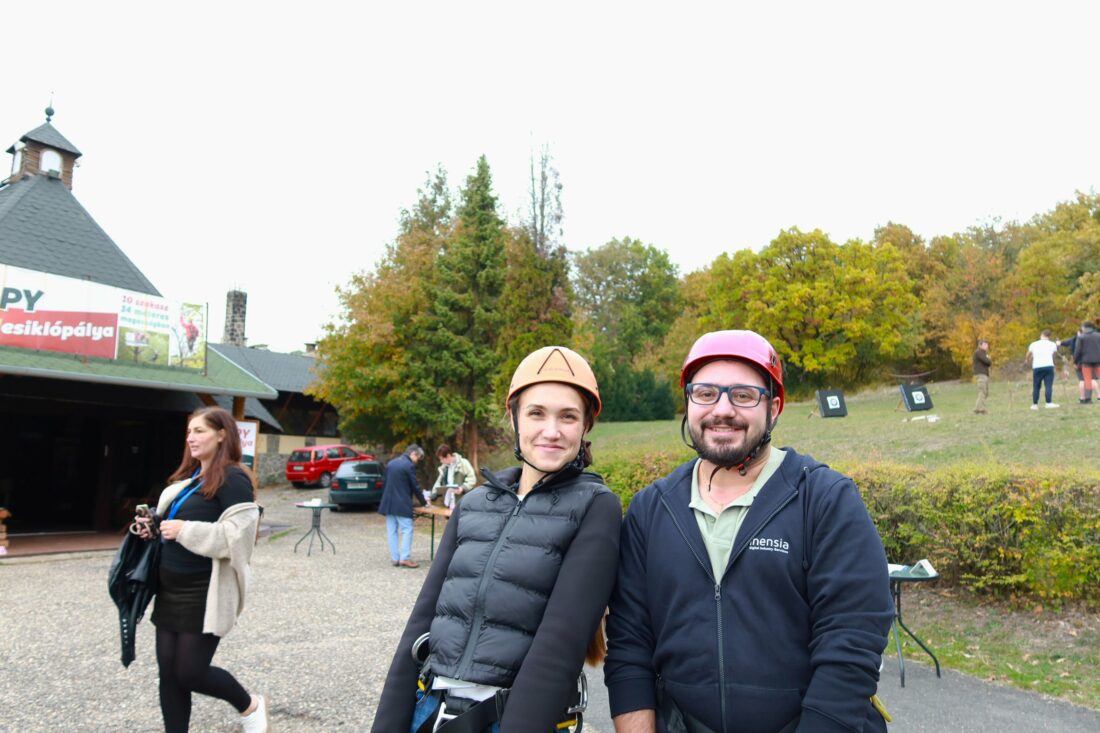 Inensia team members gearing up for the canopy adventure in Hungary forests